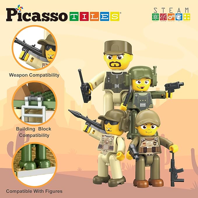 PicassoTiles Magnet Tile Building Brick Blocks Military Combat Force Theme Magnetic Tiles Construction Block Playset 4 Character Action Figures with Weapons Interlocking Bricks STEM Toy Ages 3+ PTL18