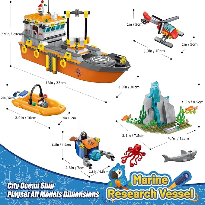 City Ocean Explorer Ship Building Set, Fun Toy Exploration Boat Building Block Kit with LED Lights,Helicopter, Submarine,and Shark Cage, Birthday Gifts for 6 8 10 12 Years Old Boys Girls Kids