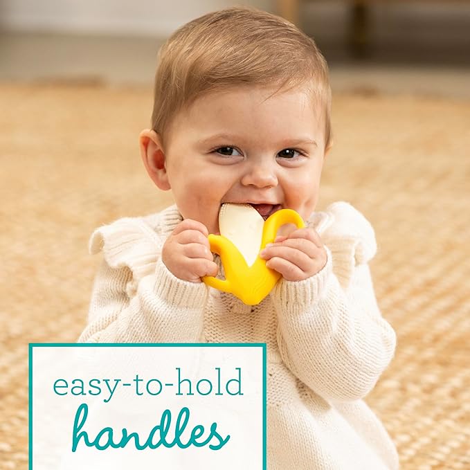 Infantino Lil' Nibbles Textured Silicone Baby Teether - Sensory Exploration and Teething Relief with Easy to Hold Handles, Yellow Banana, 0+ Months