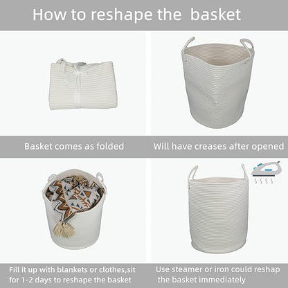 XUANGUO Cotton Rope Laundry Basket Hamper for Clothes Decorative Woven Storage Basket for Living Room Bedroom Boho Tall Rope Baskets for Blanket Toys Baby Nursery Hamper Bin Large white