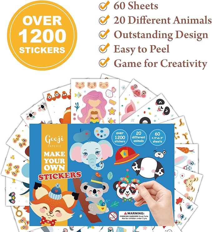 Gooji DIY Make Your Own Stickers for Kids, 60 Sheets Over 1,200 Stickers, 20 Funny Characters and Animals, Customizable Faces with Accessories, Reusable for Party Favors or Arts and Crafts Projects