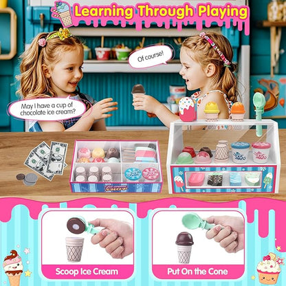 Ice Cream Toys, Wooden Ice Cream Play Set, Pretend Play Toys, 47 Pcs Wooden Play Kitchen Accessories with Menu & Scoop & Menu & Fake Money, Ice Cream Toys for Toddlers 3 4 5 6 Girls Boys Birthday