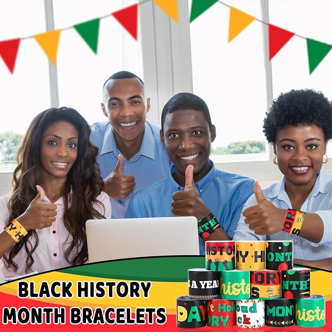 JUNEBRUSHS 56Pcs Black History Month Slap Bracelets, Black History Month Wristbands Bracelets Bulk for Kids Adult Black History Month Party Favors Accessories Gifts Decorations