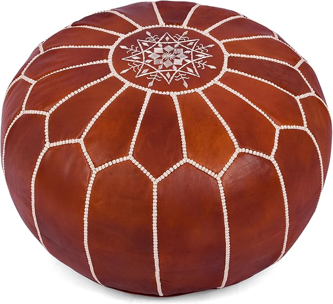 Genuine Leather Round Pouf Cover - Handmade Moroccan Ottoman Footstool, Unstuffed Footrest Under Desk - Boho Decor - Bohemian Living Room, Bedroom, Kids Room - Housewarming Gift & Wedding