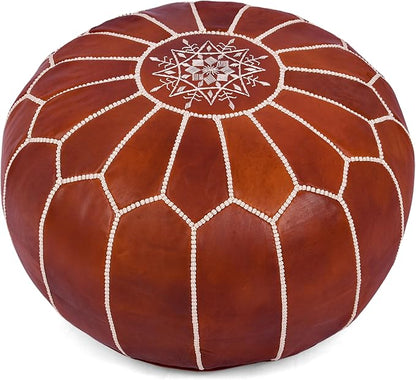 Genuine Leather Round Pouf Cover - Handmade Moroccan Ottoman Footstool, Unstuffed Footrest Under Desk - Boho Decor - Bohemian Living Room, Bedroom, Kids Room - Housewarming Gift & Wedding