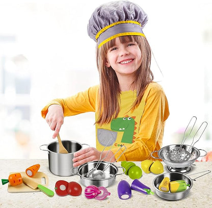Sundaymot Play Kitchen Accessories, Wooden Play Food, Cooking Set with Stainless Steel Cookware Pots and Pans Utensils, Apron, Chef Hat, Cutting Food Kitchen Playset for Girls and Boys