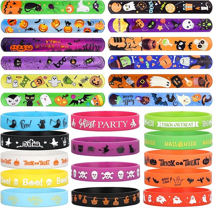 Halloween Party Favors for Kids - 50 Pack Slap Bracelets Halloween Decorations for Party Supplies, 36PCS Friendship Bracelet+14 Rubber Wristbands, Perfect Halloween Snap Bracelets for Halloween Treats