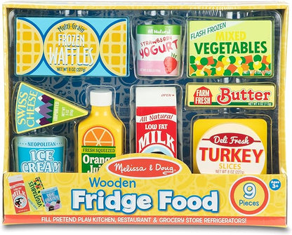 Melissa & Doug Fridge Food Wooden Play Food Set - 9 Pieces Pretend Play Kitchen Accessories, For Kids Kitchen, Wooden Grocery Sets For Kids Ages 3+