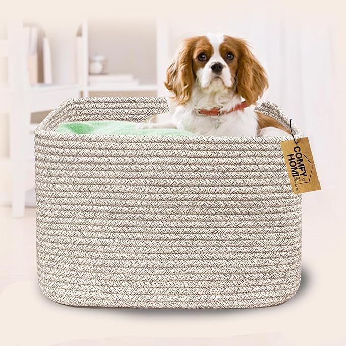 COMFY-HOMI Square Woven Cotton Rope Basket for Organizing, Gift Baskets for Handles, Empty Gift Baskets, Toy Basket for bins|13.5" x 11" x 9.5" home decor for Living Room, Bathroom