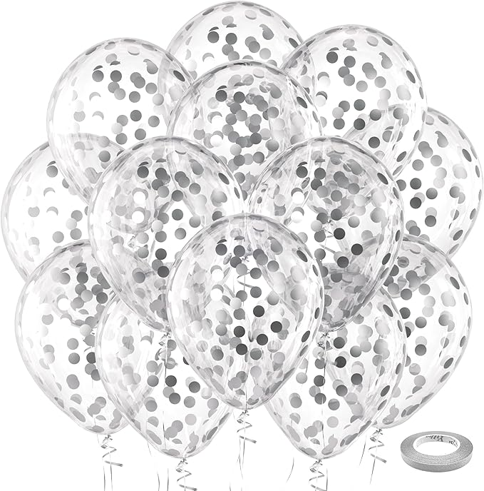 Bezente Silver Confetti Latex Party Balloons - 60 Pack 12 inch Helium Silver Confetti Glitter Balloons for Wedding Graduation Bridal Shower Birthday Engagement Party Decorations