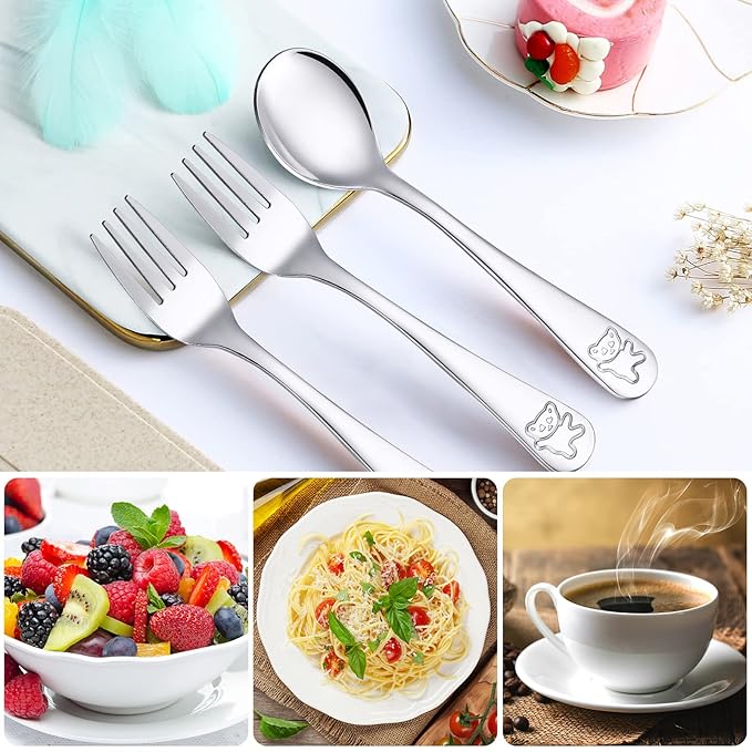 24 Pieces Stainless Steel Kids Silverware Bulk Toddler Metal Utensils Silverware Children's Safe Flatware 12 Set Preschool Toddler Kids Forks and Spoons(Silver)