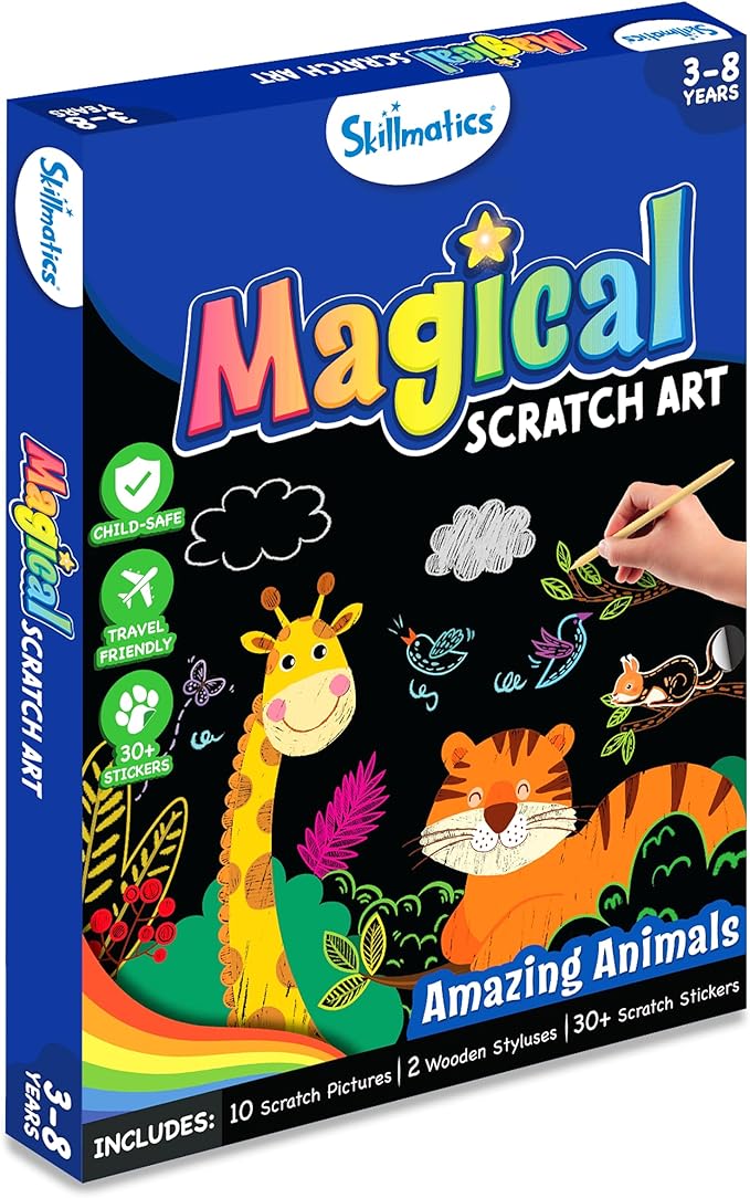 Skillmatics Magical Scratch Art Book for Kids - Animals, Craft Kits & Supplies, DIY Activity & Stickers, Gifts for Toddlers, Girls & Boys Ages 3, 4, 5, 6, 7, 8, Travel Toys