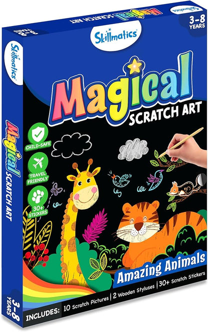 Skillmatics Magical Scratch Art Book for Kids - Animals, Craft Kits & Supplies, DIY Activity & Stickers, Gifts for Toddlers, Girls & Boys Ages 3, 4, 5, 6, 7, 8, Travel Toys