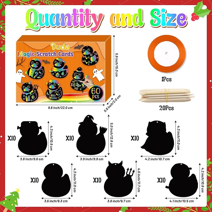 CY2CSIDE Christmas Ducks Scratch Cards - 60PCS Xmas Duckies Ornament Scratch Card Gift Set for Kid DIY Xmas Duck Magic Art Color Craft Kit for Kids School Activities Merry Christmas Gifts