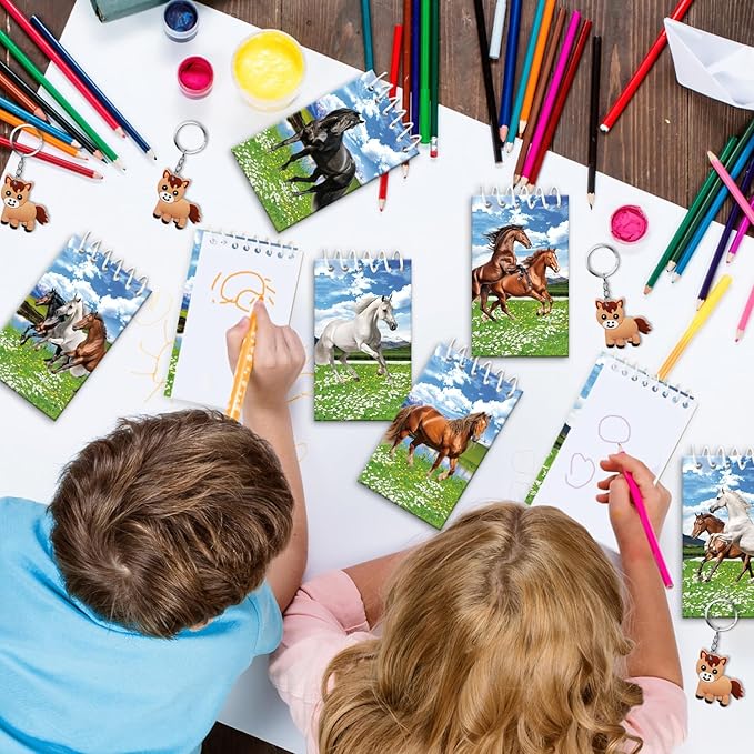 113 PCS Horse Party Favors Set, 41 Horse Stickers, 12 Goodie Bags,12 Button Badges, 12 Keychains, 12mini notepads,12 rubber bracelets for Cowboy Cowgirl Animal Horse Birthday Party Supplies (Blue)