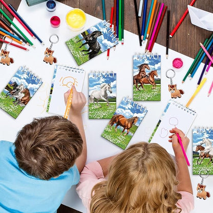 113 PCS Horse Party Favors Set, 41 Horse Stickers, 12 Goodie Bags,12 Button Badges, 12 Keychains, 12mini notepads,12 rubber bracelets for Cowboy Cowgirl Animal Horse Birthday Party Supplies (Blue)