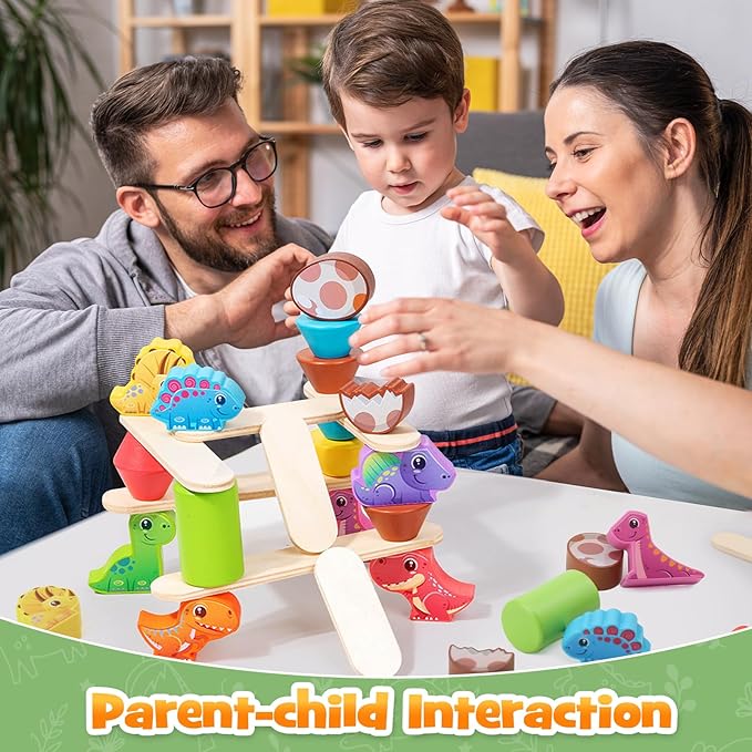 Montessori Dinosaur Toys for 1 2 3 4 Year Old Toddlers, Early Education Toys for Ages 2-4 Boys Girls Kids, Wooden Dinosaur Blocks Sorting & Stacking & Balance Toys, Ideal Preschool Birthday Gift