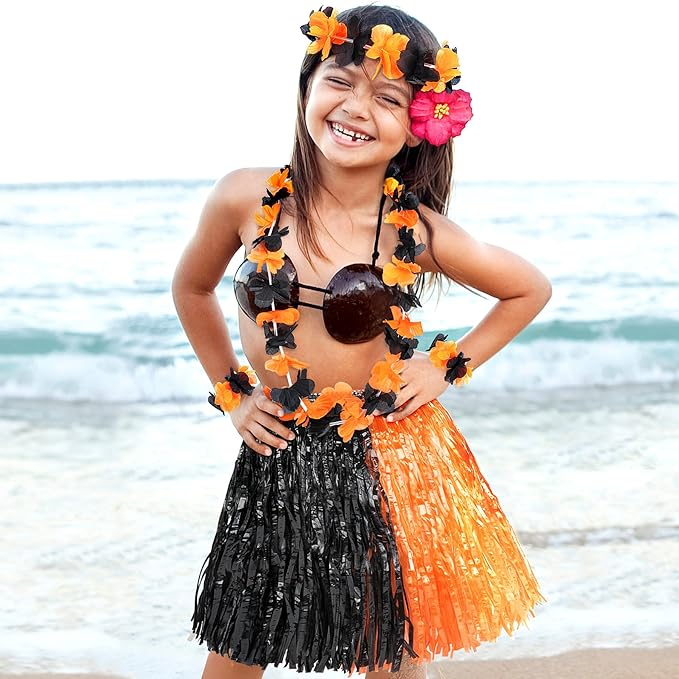 Fortuning's JDS Girl's Hawaiian Hula Grass Skirt for Party Outfits Kids Flowers Costume for Luau Tropical Beach Party Decor
