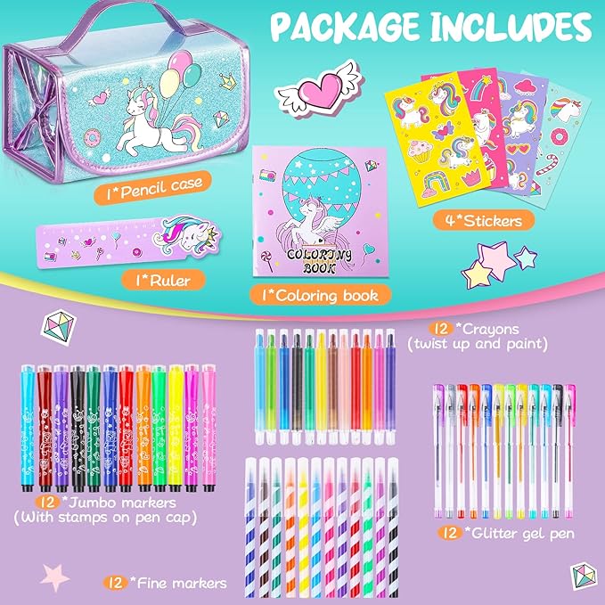 Washable Markers Set with Glitter Unicorn Pencil Case, Art Supplies for Kids Ages 4 5 6 7 8 Years Old, Arts Crafts Coloring Set with Crayon Pencil Gel Pen, Unicorn Toy Birthday Gift for Girls 4-6-8-10