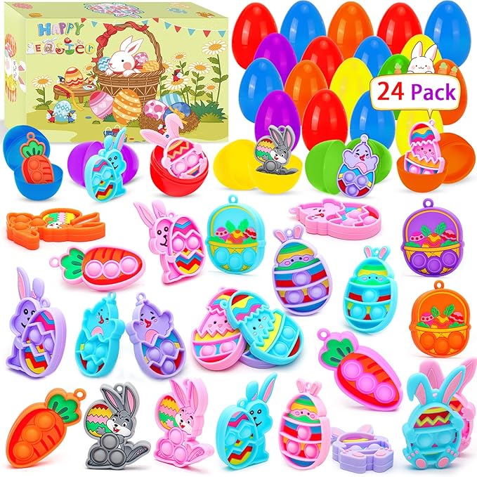 Easter Pop Fidget Toys for Kids, 24 Pack Filled Easter Eggs with Mini Fidget Pop keychain Toys,Idea for Easter Egg Hunt Toys, Basket Stuffers&Party Favors