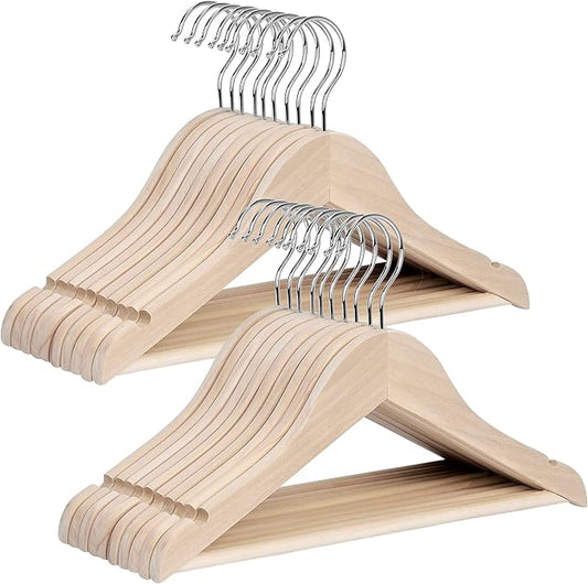 StorageWorks Baby Clothes Hangers, Kids Wooden Hangers with Pant Bar, 20-Pack Natural Wood Hangers for Toddler, Children's Coat Hangers for Closet, Solid Lotus Wood Hangers, Natural Lotus Wood Color