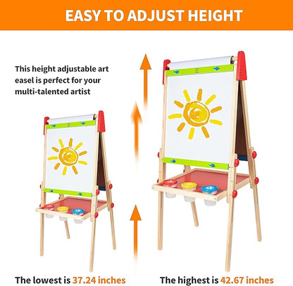 Hape E1010 Magnetic All in 1 Kids Height Adjustable Drawing Dry-Erase Chalkboard Wooden Artist Easel with 3 Paint Pots and Refillable Paper Roll