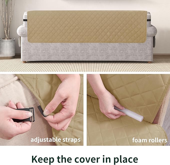 CHUN YI Loveseat Cover, Water Resistant Slipcover for 2 Cushion Couch, Washable Sofa Cover with Adjustable Strap Storage Pocket for Living Room Dog Pet (Loveseat, Khaki)