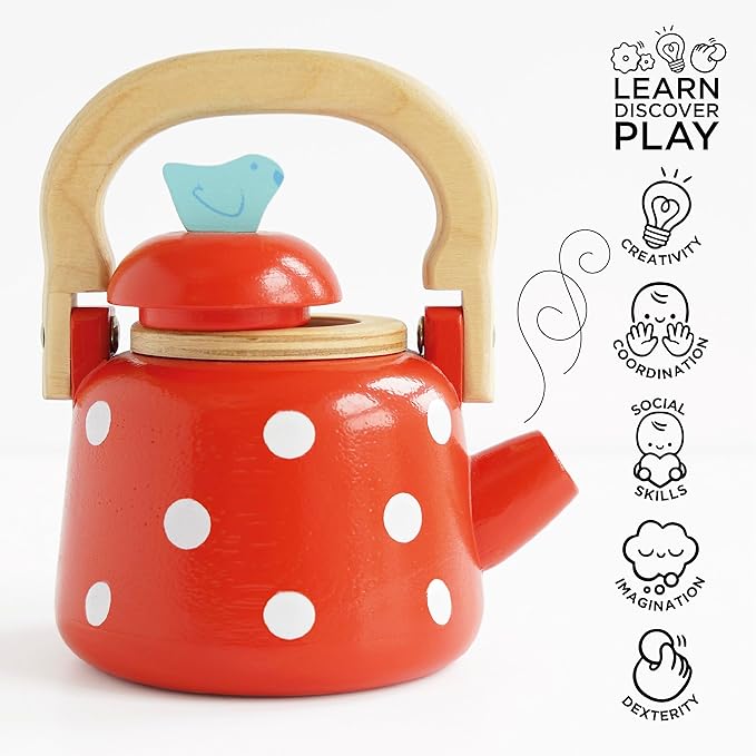 Le Toy Van - Honeybake Wooden Dotty Kettle - Breakfast Set Pretend Kitchen Play Toy Set | Girls or Boys Role Play Kitchen Accessories | Suitable for Boys and Girls