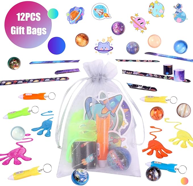 Pllieay 110pcs Outer Space Party Bag Fillers for Kids, Space Bouncy Balls Sticky Hands Slap Bracelets Space Toys for Kids Birthday Christmas Gift Goodie Bag Fillers Pinata Stuffers Classroom Prizes