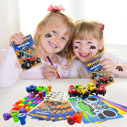 Cinrobiye 72Pcs Monster Truck Coloring Book with Crayons Bulk，Truck Car Party Favors Goodie Bags Fillers，Hot Wheels Birthday Party Supplies Face Stickers Tattoo Prizes Gift for Monster Truck Party