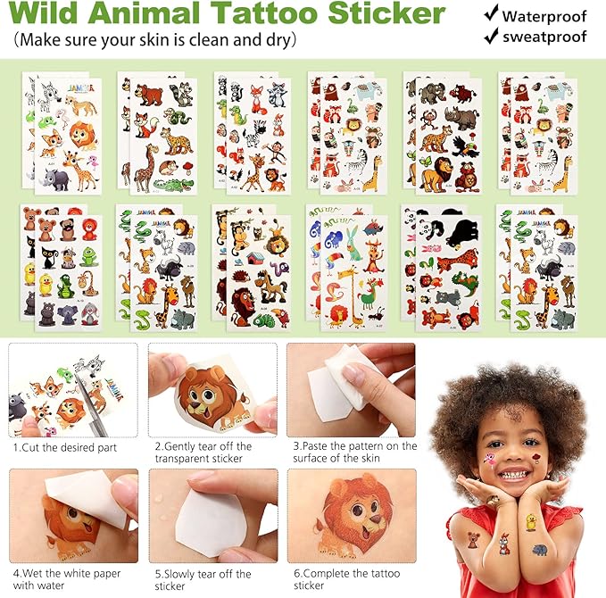 Fumete 121 Pcs Jungle Safari Party Favors Birthday Supplies for Boys Girls Include Jungle Animal Slap Bracelets Keychains Temporary Tattoos Animal Sticker Roll White Organza Bags and Thank You Tag