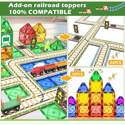 Magnetic Tiles Railroad Toppers Kids Toys Add-on Train Track Playset Playing with Trains Cars Preschool Learning Activities STEM Toys for Age 5-7