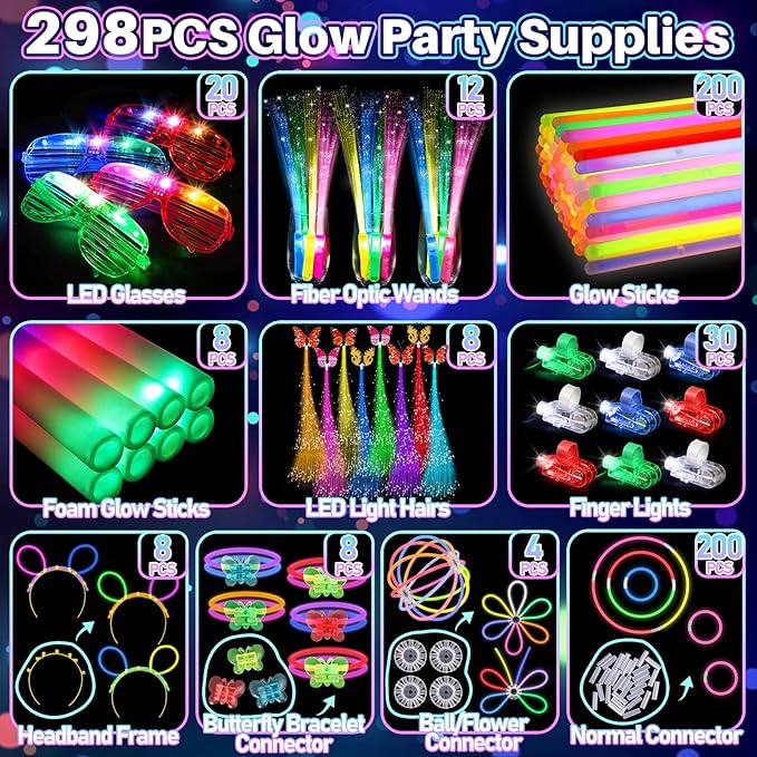 298PCS Glow in the Dark Party Supplies, 12PCS Glow Fiber Optic Wands, 20PCS LED Glasses, 8PCS Foam Glow Sticks and 200PCS Glow Sticks Bracelets, Light Up Party Favors for Wedding, Concert, Birthday