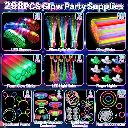 298PCS Glow in the Dark Party Supplies, 12PCS Glow Fiber Optic Wands, 20PCS LED Glasses, 8PCS Foam Glow Sticks and 200PCS Glow Sticks Bracelets, Light Up Party Favors for Wedding, Concert, Birthday