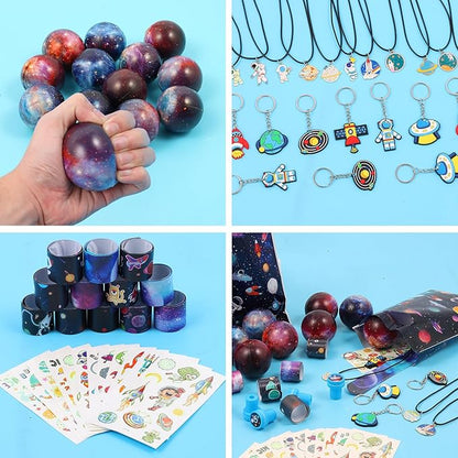 LiYiQ 87 Pcs Space Party Favors With Space Stress Balls Space Necklace Space Stamps Slap Bracelets Keychains Space Temporary Tattoo Stickers and Gift Bags For Kids Space Birthday Party Supplies