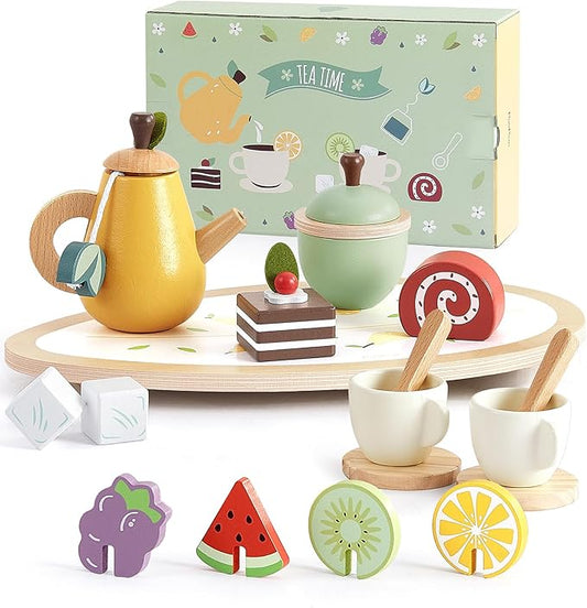 PairPear Wooden Toys Tea Party Set, Toddler Tea Set for Little Girls, Kids Pretend Play Kitchen Accessories, Wooden Play Food Toys Gift for Girls Boys 3 Y+