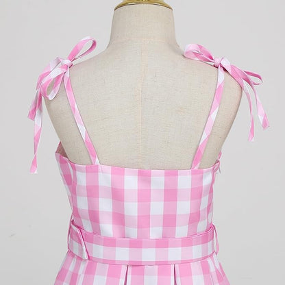 Girls Pink Plaid Costume Strap - Kid Dress Movie Cosplay Outfits Halloween Gingham Birthday Costumes