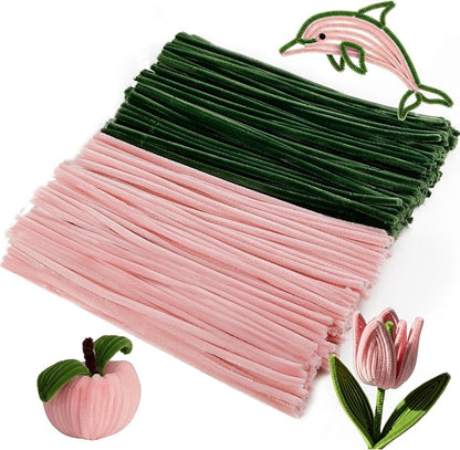 Caydo 200 Pieces Jade Pink & Moss Green Pipe Cleaners for Flowers,Thick Fluffy Chenille Stems for Kids Arts & Crafts and Mother's Day Decorations