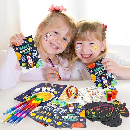 72 Pcs Outer Space Coloring Book with Crayons Party Favors,Space Astronaut Party Goodie Bags Fillers,Galaxy Planet Birthday Party Games Craft DIY Kit Magic Scratch Art Paper Tattoo for Rocket Pinatas