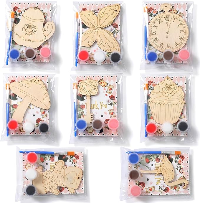 Saypacck 24 Pcs Wonderland Party Favors Wooden Painting Craft Kits Birthday Party Supplies with Organza Bag for Goodie Bags Fillers Adult Thank You Gifts
