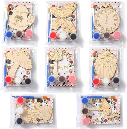 Saypacck 24 Pcs Wonderland Party Favors Wooden Painting Craft Kits Birthday Party Supplies with Organza Bag for Goodie Bags Fillers Adult Thank You Gifts