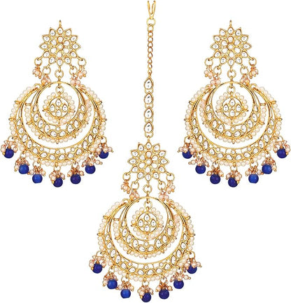 Aheli Bollywood Ethnic Chandbali Style Big Earrings Maang Tikka Set Traditional Fashion Jewelry Gift for Women