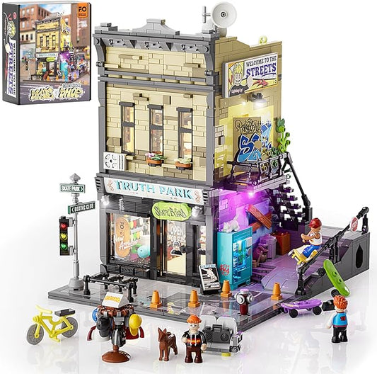 FUNWHOLE Skate-Shop Lighting Building-Bricks Set - Street Fusion City Skate Store Collection LED Light Modular Building Kit 1573 Pcs for Adults and Teen