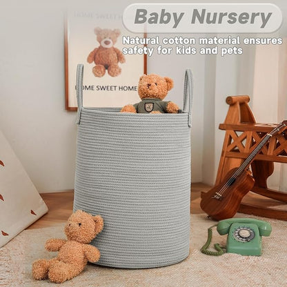 JMvicyroam Large Woven Laundry Basket Hamper,60L Cotton Rope Storage Bin for Blankets,Toys and Clothes,Decorative Tall Nursery Hamper for Living Room,Baby Nursery,Bathroom and Bedroom,Grey