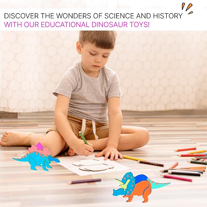 Neliblu Wooden Dinosaur Kit Set of 3 - Colorable Assembly Toy for Kids - 3D Dinosaur Puzzle - Gift for Dinosaur Lovers Ages 5 and Up - 3mm Thick Wood - Creative and Educational Play for Kids