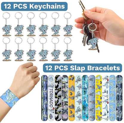 98 PCS Tornado Party Favors, Tornado Temporary Tattoos Slap Bracelets Keychains Stickers Badges for Tornado Birthday Party Decorations Supplies Gifts for Kids Teens Boys Girls Classroom Rewards