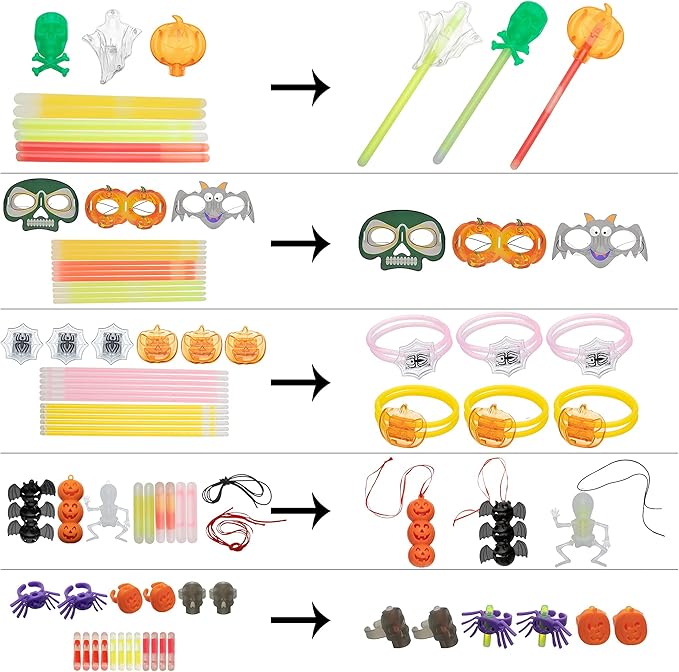 JOYIN 72 Pcs Halloween Glow Stick Bulk Light Up Party Supplies with 3 Eyescover, 3 Pendants, 6 Rings, 6 Wands, 6 Bracelets, 48 Glow Sticks for Halloween Glow in the Dark Party Favor Goodie Bag Fillers