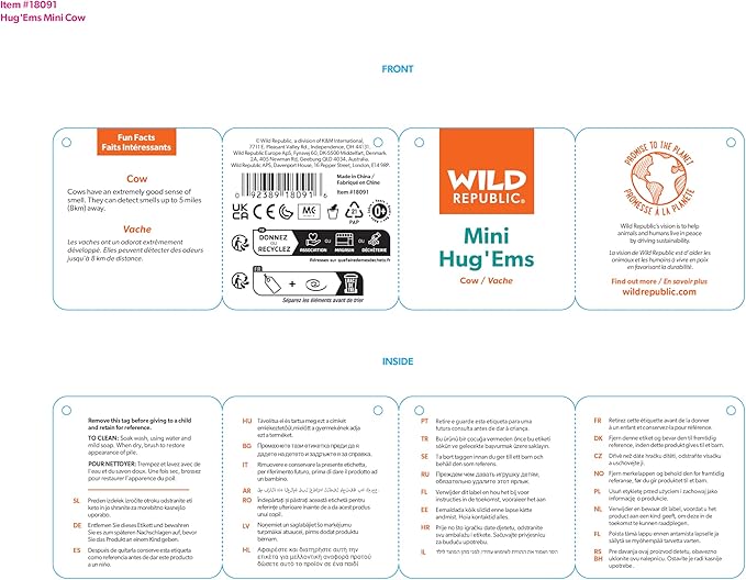 Wild Republic Cow Plush, Stuffed Animal, Plush Toy, Gifts for Kids, Hug’Ems 7 inches