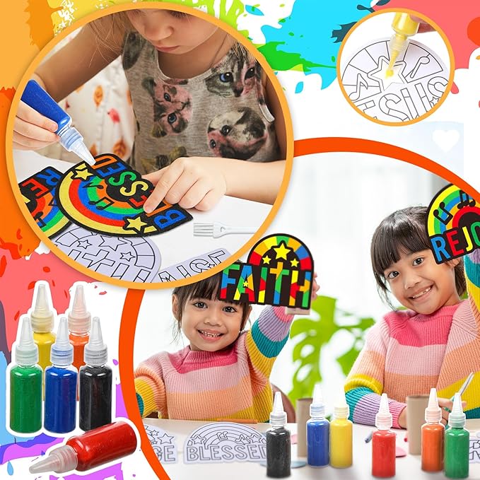 24 Sets Religious Sand Art Craft Kit for Kids Inspirational Words Painting Kit with Colored Sand Make Your Own Crafts Art DIY Art Project for Sunday School Vbs Home Fun Activities