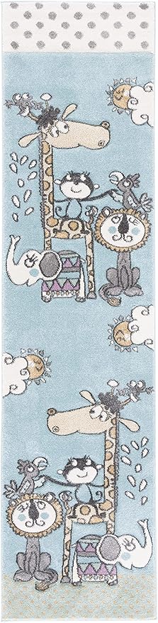 SAFAVIEH Carousel Kids Collection Runner Rug - 2' x 8', Ivory & Blue, Animal Design, Non-Shedding & Easy Care, Ideal for High Traffic Areas for Boys & Girls in Playroom, Nursery, Bedroom (CRK185A)